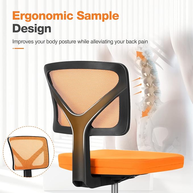 Sweetcrispy Small Office Chair, Ergonomic Low-Back Mesh Rolling Work Swivel Chairs with Wheels, Armless Comfortable Seat Lumbar Support for Home, Bedroom, Study, Student, Adults,Classic Orange