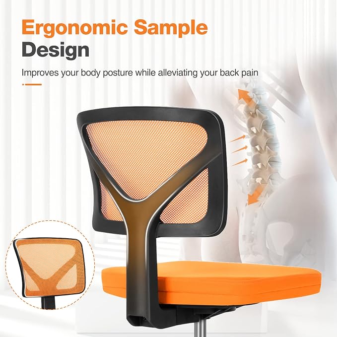 Sweetcrispy Ergonomic Low-Back Mesh Small Office Chair, Rolling Work Swivel Chairs with Wheels, Armless Comfortable Seat Lumbar Support for Home, Bedroom, Study, Student, Adults, Orange