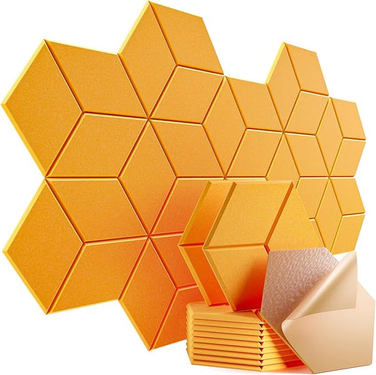 12 Pack Self-Adhesive Acoustic Panels 12" X 10" X 0.4" - Sound Proof Foam Panels with High Density, Y-Lined Design, Flame Resistant, Absorb Noise and Eliminate Echoes(Orange Yellow)