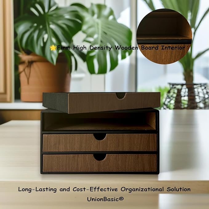 UnionBasic Document Organizer, 3-Drawer File Cabinet Document Storage Box, Office Desktop Filing Organizer, Black with Wood Grain Drawers