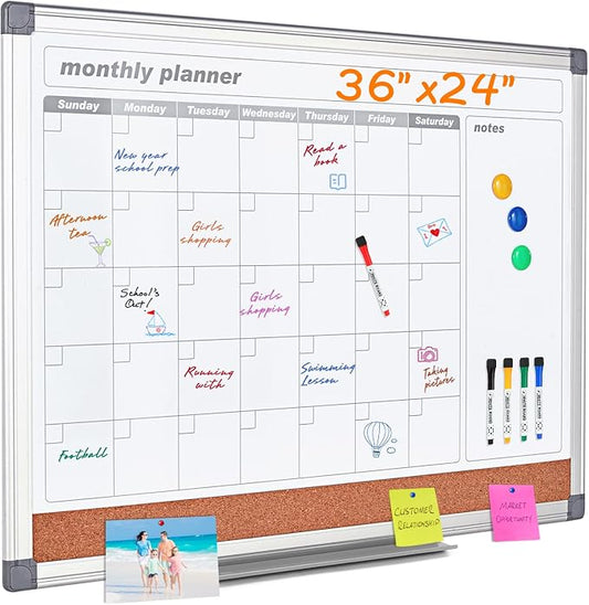 MAKELLO Dry Erase Calendar for Wall 36" x 24", Large Calendar Whiteboard with Cork Board for Office, Home, School, Family, Kitchen and Bedroom, 3' x 2' | 3' x 2', Magnetic, Cork Board, Wall Mount, Pin Board, Large Calendar Whiteboard for Wall, Home, Fa...