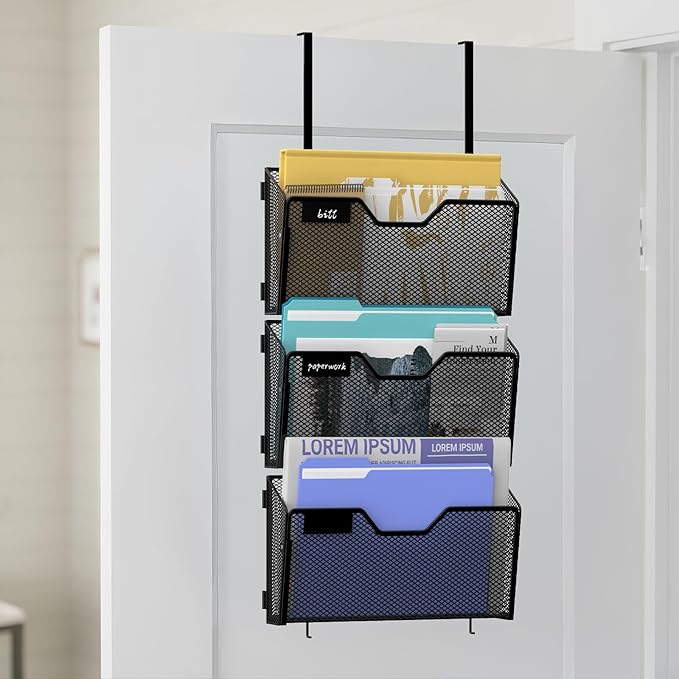 3 Pack Magnetic File Holder Wall File Organizer with Label Panel and 2 Hooks Magnetic Paper Mail Holder for File Office, Cabinets and Whiteboard, Black