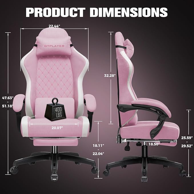 GTPLAYER Big and Tall Gaming Chair 350lbs Heavy Duty Office Chair with Foot Rest, High Back Pocket Spring Ergonomic Computer Chair for Adults, Wide Comfy Seated Cushion with Linkage Armrests, Pink