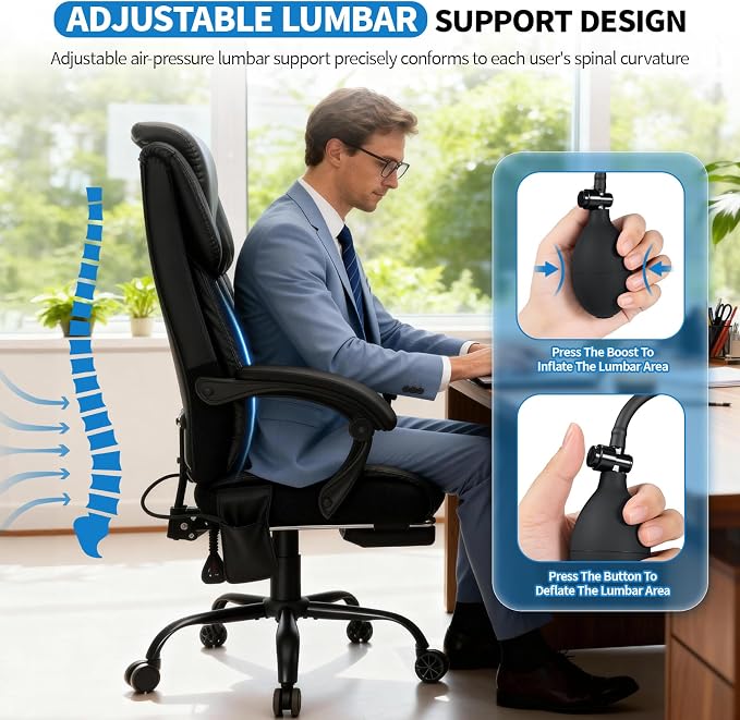 VANSPACE Ergonomic Desk Chair 400lbs with Lumbar Support and Adjustable Headrest PU Leather Big and Tall Executive Office Chair with Foot Rest,Linkage Armrests,Black