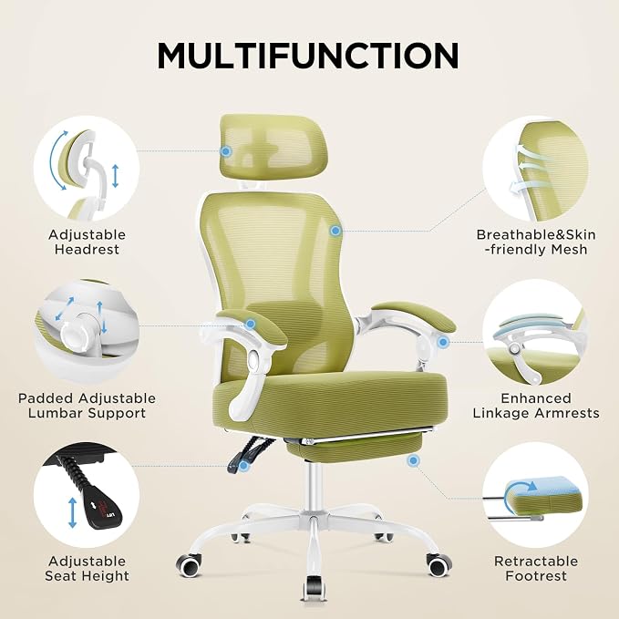 Ergonomic Office Chair with Footrest,Ultra Thick Desk Chair,Green | 150°Reclining,Mesh High Back,Adjustable 2D Lumbar Support and Headrest,4.8" Spring Cushion,Premium Computer Chair for Adults