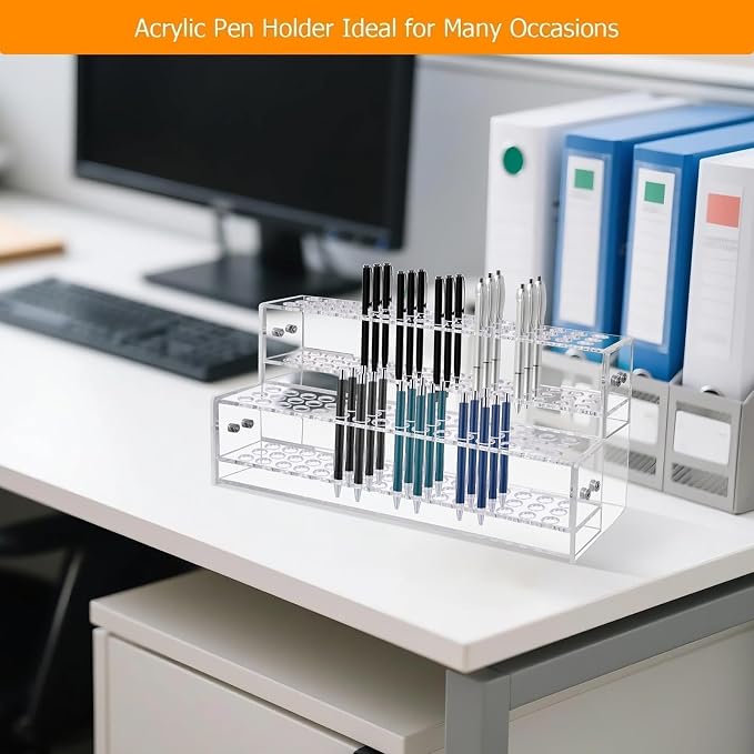 96-Slots Acrylic Pen Holder,2-Tier Pen Display Stand for Craft Shows,12mm Beadable Pens Stand Paint Brush Holder Pencil Organizer Makeup Brush Rack Art Brush Organizer for School Classroom Supplies