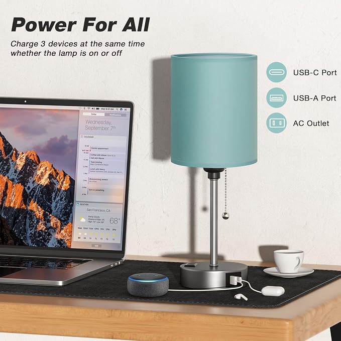 Dicoool Teal Bedside Lamp for Nightstand - 3 Color Temperature Table Lamp with USB C and A Ports, Pull Chain Lamp for Bedroom with AC Outlet, Coastal Desk Lamp with Silver Metal Base for Kids Girls