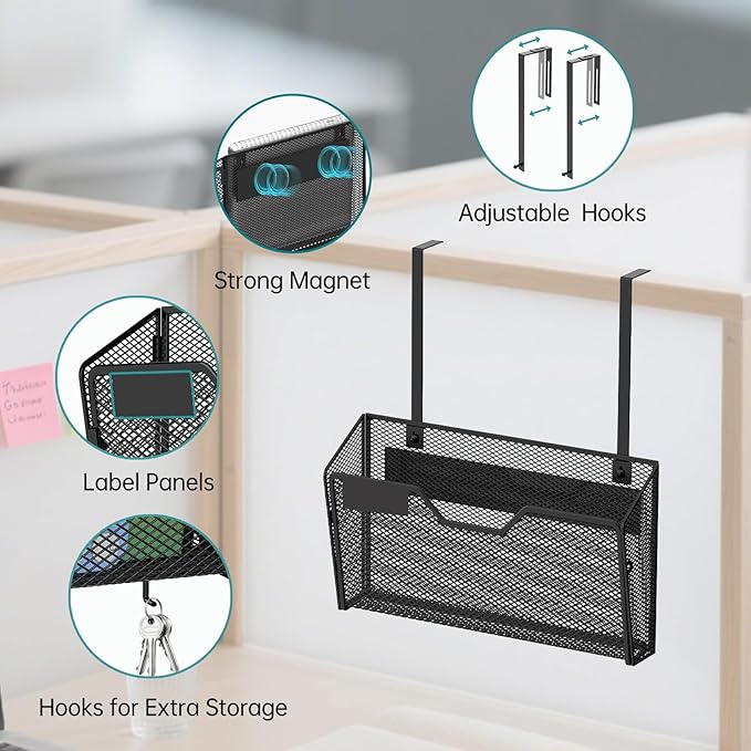 3 Pack Magnetic File Holder Wall File Organizer with Label Panel and 2 Hooks Magnetic Paper Mail Holder for File Office, Cabinets and Whiteboard, Black