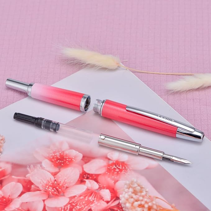 Jinhao 10 Press Fountain Pen with Box, Gradient Red Retractable Fine Nib with Ink Converter Set (Silver Clip)