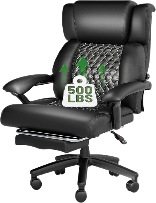 HOMREST Big and Tall Office Chair, 500lbs Heavy Duty Chair with Adjustable Lumbar Support & Backrest, Ergonomic Executive Leather Office Chair with Wide Armrests and Wheels, Black