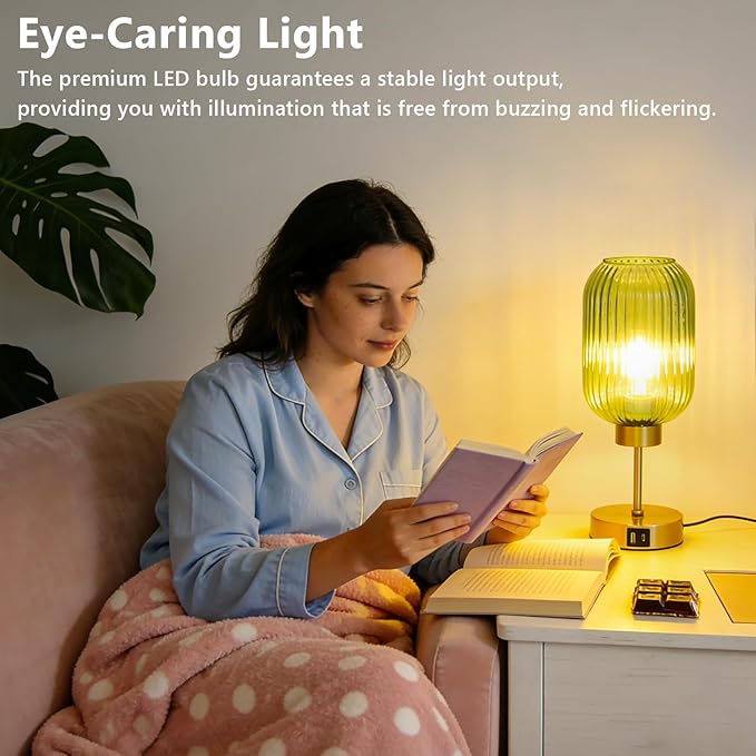 LAMSU Vintage Table Lamp for Bedroom with Bulb, Small Green Glass Beside Lamp with USB Ports, 3 Way Dimmable Gold Desk Lamp, Mid Century Modern Nightstand Lamp for Living Room, Office, Home Decor