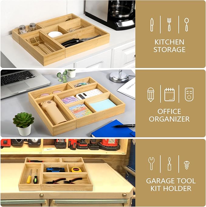 5 Pack Bamboo Drawer Organizer Set, Multi-Use Junk Drawer Organizer for Bathroom, Kitchen, Office, Jewelry, Makeup