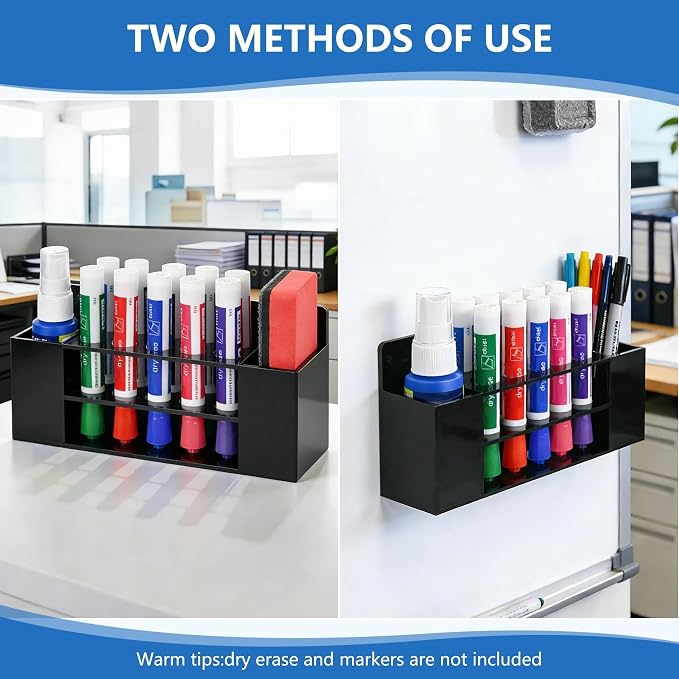 Acrylic Magnetic Dry Erase Marker Holder, 10 Slots Black Magnetic Marker Pen Holder, 2PCS Magnet Storage for Whiteboard, Desk Locker Organizer Accessories, Office, Classroom, Home