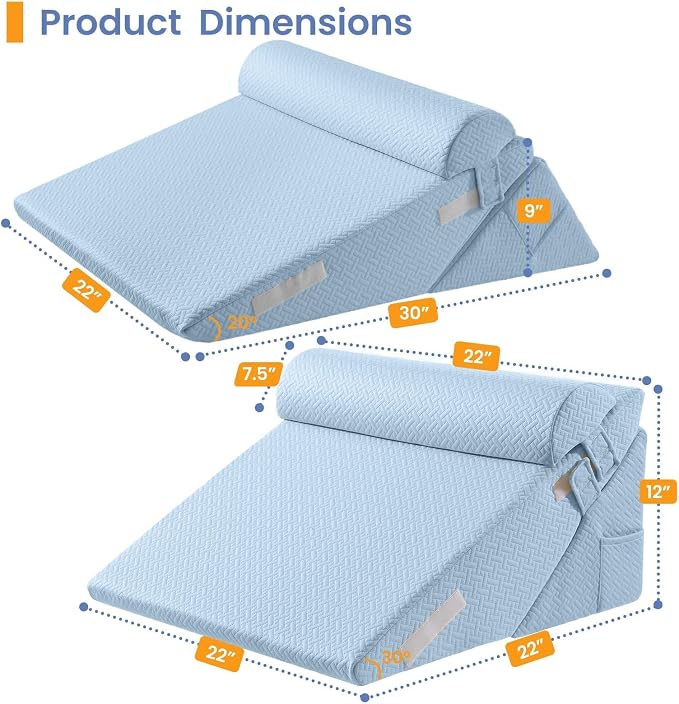 Sasttie Adjustable Wedge Pillow Set for After Surgery, Blue | Bed Wedge Pillow Headboard with Memory Foam Neck Cushion, for Acid Reflux, Sleeping, Neck & Back Support