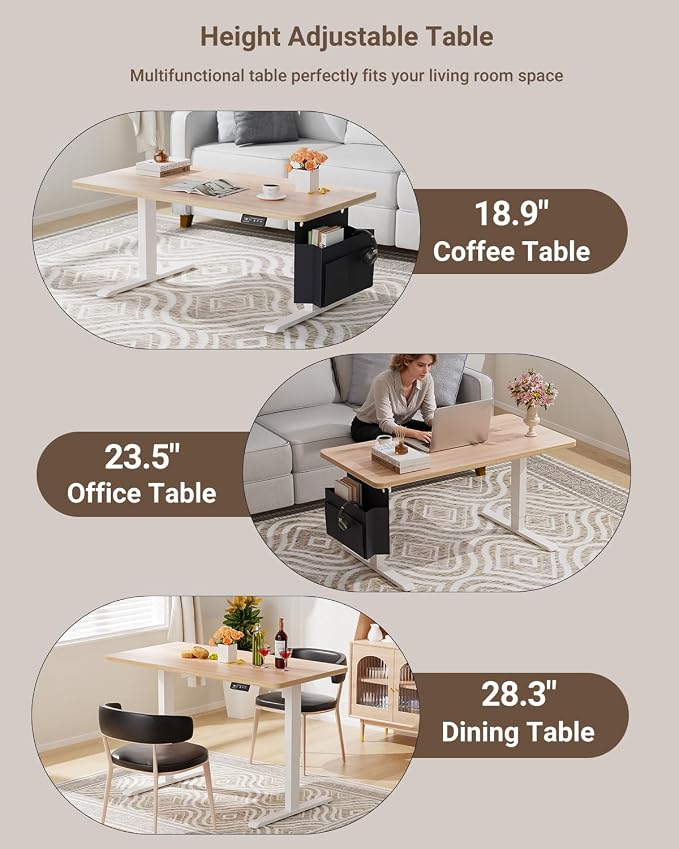 Coffee Table, Height Adjustable Electric Coffee Table with Storage Bag Lift Tabletop Dining Table Office Table with Lockable Wheels for Living Room (Natural Maple Look, 40 x 24 Inches)