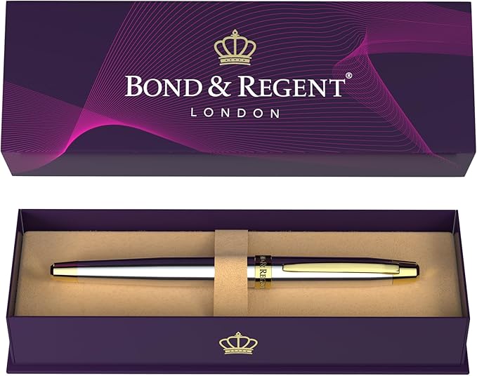 Bond & Regent 24 Karat Gold Luxury Rollerball Pen - Fancy Executive Professional Writing Gift Set for Men & Women, Nice Pens, Silver Chrome