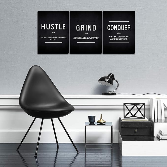 KAWAHONE Inspiration Canvas Wall Art Large, Grind Hustle Conquer Quotes Poster Framed Success Painting Picture Wall Sign for Home Office Workplace Wall Hanging- 24" Wx36 Hx3Piece