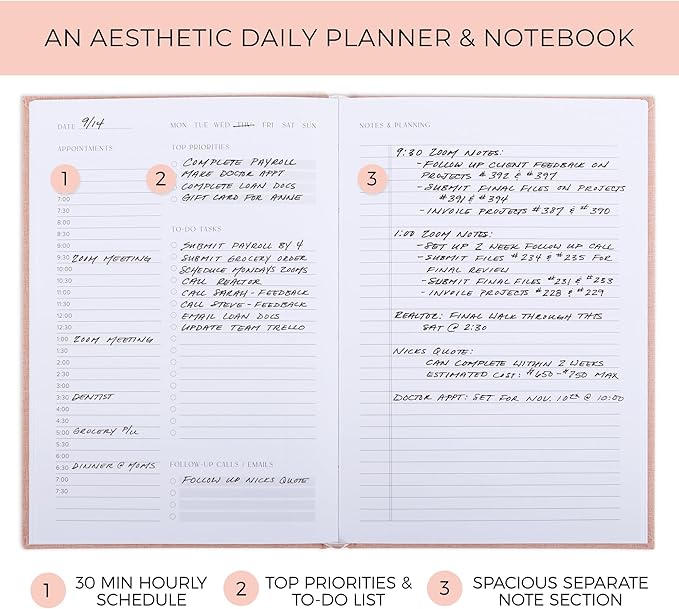 Aesthetic Daily Planner And Notebook With Hourly Schedule - Modern Hardcover To do List Notepad to Easily Organize Your Work Tasks And Appointments - The Perfect Book for School & Office Supplies