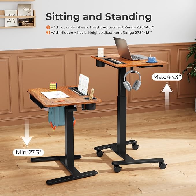28" Mobile Standing Desk with Drawer, Portable Laptop Desk | Rolling Desk with Cup Holder and Hooks, Height Adjustable Computer Cart with Storage, Lockable & Hidden Wheels, Dark Wood