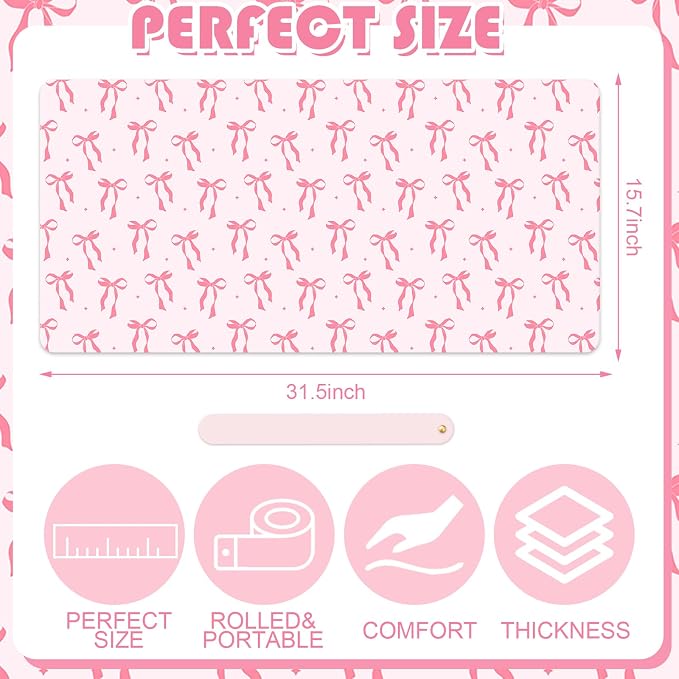 FYSUIMU Coquette Bow Makeup Mat Dual-Sided Leather Desk Pad Waterproof Pink Bow Makeup Table Cover for Vanity Top Protector Countertop Decor, 15.7 x 31.5 in