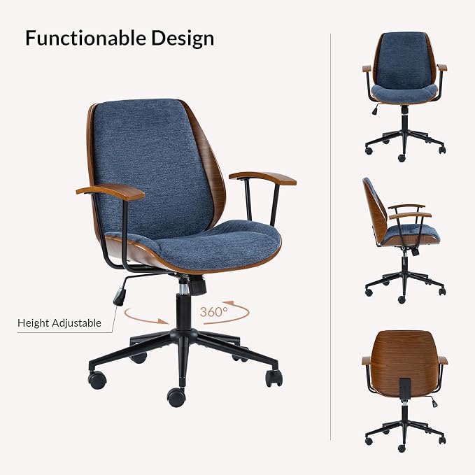 Modern Ergonomic Office Chair with Wood Frame & Metal Base, Swivel Home Office Desk Chairs with Adjustable Height, Comfy Upholstered Computer Chair, Navy