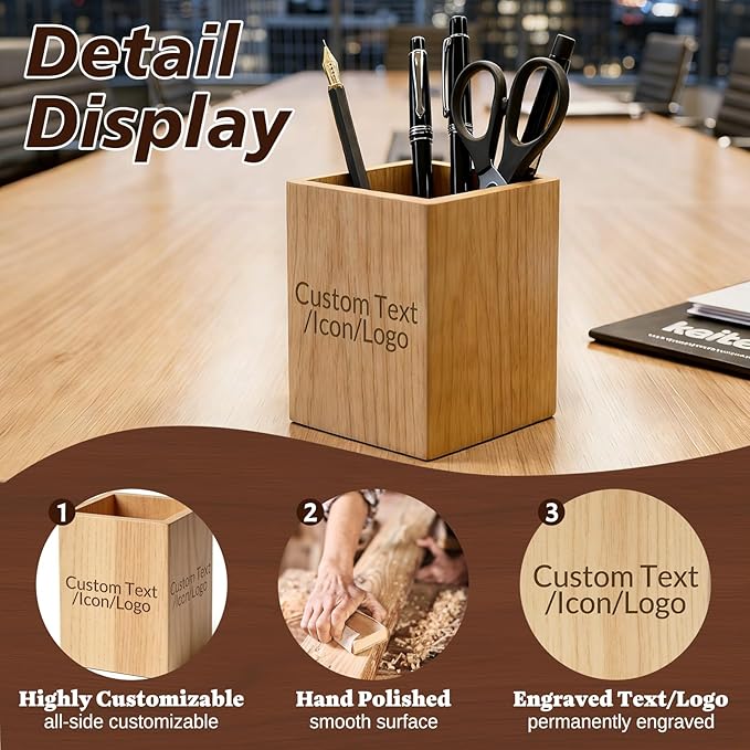 Personalized Wooden Pencil Holders & Pen Holders, Custom Pencil Cups for Desk, Unique Gifts for Colleagues Teachers Students Friends (Bamboo - Square)