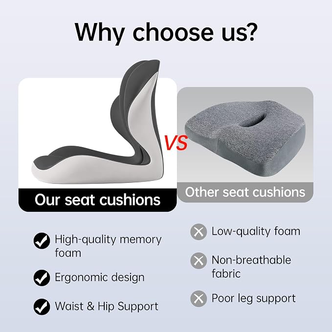 L-Shaped Seat Cushion, Memory Foam Chair Cushion with Raised Lumbar Support, Tailbone Cutout, Non-Slip Washable Cover for Office Chair, Car, Wheelchair, Gaming Chair