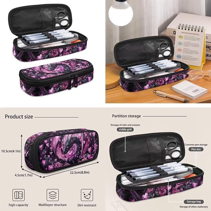 Dragon Heart Backpack for Girls 7-10, 4PCS School Backpack Set with Lunch Box & Pencil Case, Pink Rose 17 Inch Book Bag for Elementary Back to School