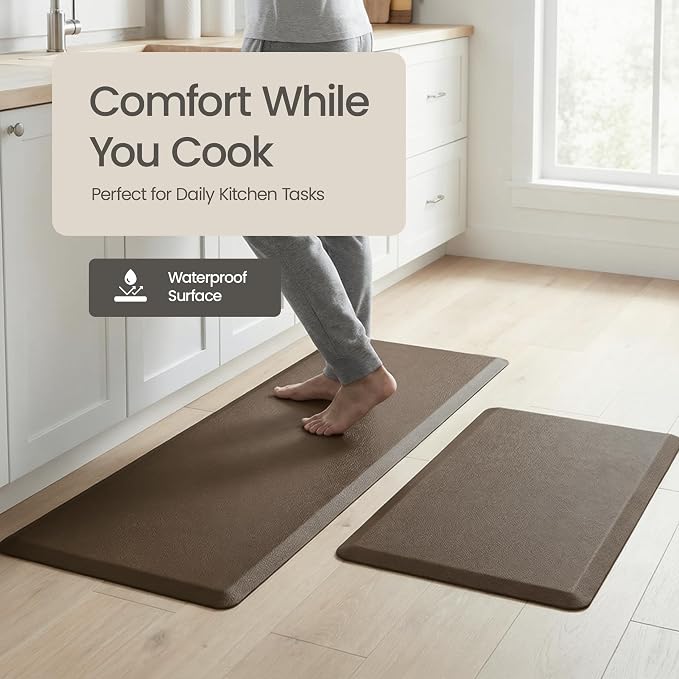 Anti Fatigue Kitchen Mats for Floor | Padded Kitchen Rugs | Non Slip, Cushioned Standing Desk Mat | Waterproof Floor Mat | 17.3" x 28" x 0.47" & 17.3" x 47.2" x 0.47", Brown, 2-Pack | More Décor