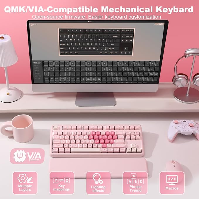YUNZII B87 Wireless Mechanical Keyboard,QMK/VIA Programmable,TKL Layout 87 Keys,BT/2.4G/USB-C,Hot Swap Gasket Mount RGB Backlit Gaming with Wrist Rest for Win/Mac (Pink, Milk V2)