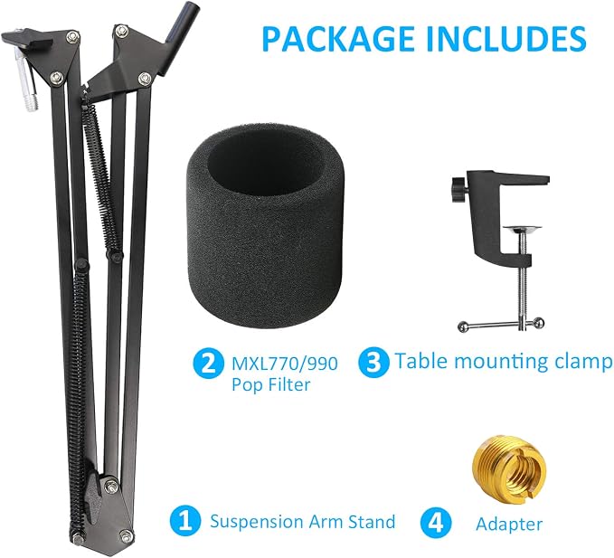MXL 770 990 Microphone Stand with Pop Filter - Mic Suspension Boom Scissor Arm Stand with Foam Windscreen for MXL Mics 990 770 by YOUSHARES