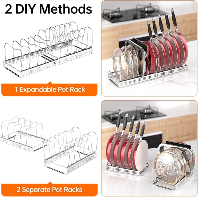 MUDEELA Expandable Pot Pan Lid Organizers inside Cabinet, 12 Divider-Silver | Expandable 11.8–22.9", 12 Adjustable Divider, Tool-Free Assembly, Non-Slip, Scratch-Proof, For Pan Lid Cutting Board Bakeware