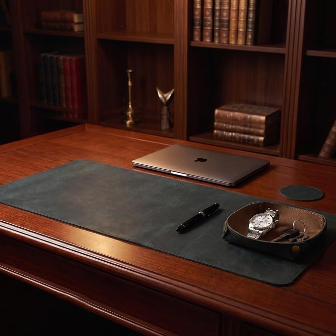 LEATHER VILLAGE Real Leather Desk Pad 3mm Thick Double Layer Desk Mat Olive | 32''x16'', Cover Blotter Large Full Grain Protector for Keyboard, Mouse & Laptop, Office Table Mat & Desktop Accessories