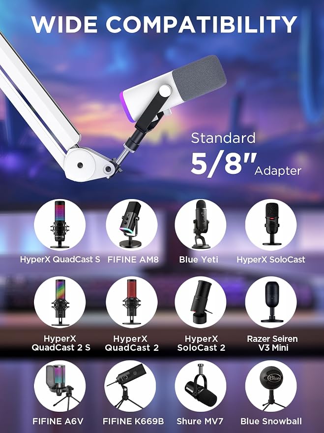 InnoGear Mic Boom Arm Microphone Stand Cable Management for Blue Yeti FIFINE AM8 K669B HyperX QuadCast S SoloCast AT2020 and Other Microphone, White