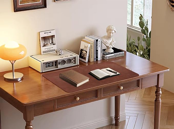 Soft Anti-Curl Faux PU Desk Mat 23.6"x13.8", Waterproof Heat Safe Non-Slip Vintage Desk Pad, Stitched Edge Wipeable Tear Resistant Desktop Protector for Work from Home Office (Brown)