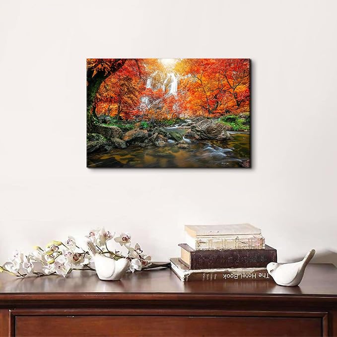 Nature Mountain Waterfall Canvas Wall Art Modern Scenic Framed Artwork Home Decor 16x24” Tropical Forest Scenery Orange Sunset River Landscape Picture for Living Room Bedroom Kitchen Office Decoration