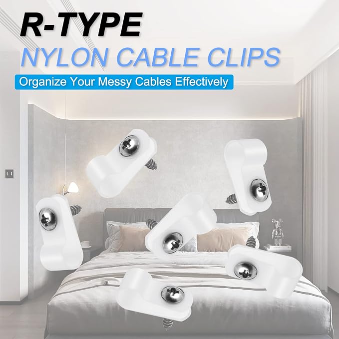 VIPMOON 100Pcs 1/2 Inch R-Type Cable Clamps, Nylon Plastic Cable Clips with Screws, Mounting Cord Fasteners for Electrical Wire Clamps Management, White