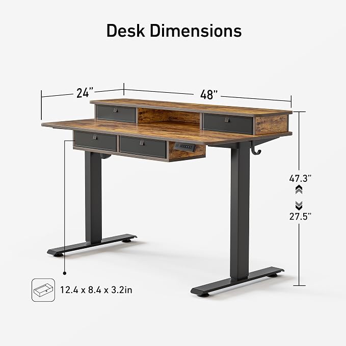 FEZIBO 48'' x 24'' Electric Standing Desk with 4 Storage Drawers, Adjustable Height Computer Table with Monitor Shelf, Stand Up Desk for Study, Gaming, Workstation, Rustic Brown Top