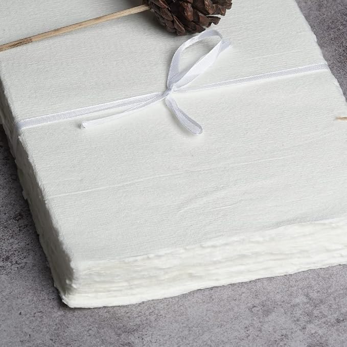 50 Sheets - Rough/Textured Watercolor Paper - 7.5 X 11.5 inches(150GSM) - Handmade/Deckle Edge Paper Made from Virgin Egyptian Cotton - White by Leather Village