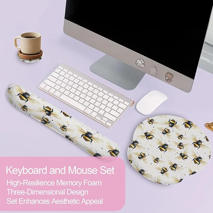 Cute Bee Mouse Pad with Wrist Rest Set, 3-in-1 Wrist Support Mousepad Set, Gaming Mat Pad with Anti-Skid Base,Ergonomic Memory Foam Mouse Pad Set for Women, Office, Typing, Gaming
