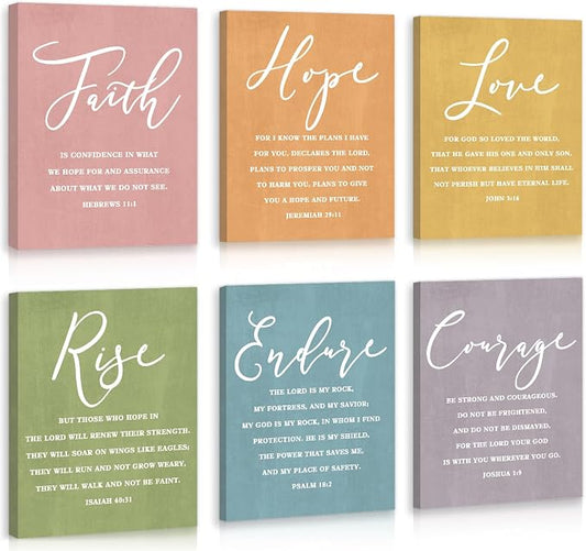 CHDITB Faith Hope Love Bible Verse Wall Art, Set Of 6 Prints Religious Prayer Wall Art, Scripture Quote Canvas Painting, 8x10 Inches Bible Saying Artwork Christian Art Prints For Living Room Bedroom