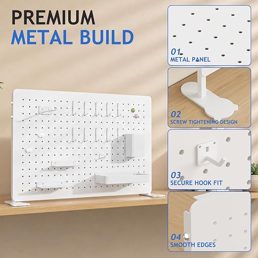White Metal Pegboard Desk Organizer, 23.62 x 15.75 in with Hooks | Standing or wall-mounted metal panel with hooks, shelves, cup and holders for office, bedroom, craft room and desk storage