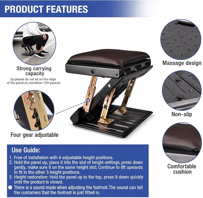 Under Desk Footrest, 4-Level Height Adjustable 12Modes Foldable Footrest | Soft Removable Cushion Adds Comfort,Ergonomic Support,Massage Beads,for Office,Gaming & Home Desks,Max-Load 120Lbs,Brown