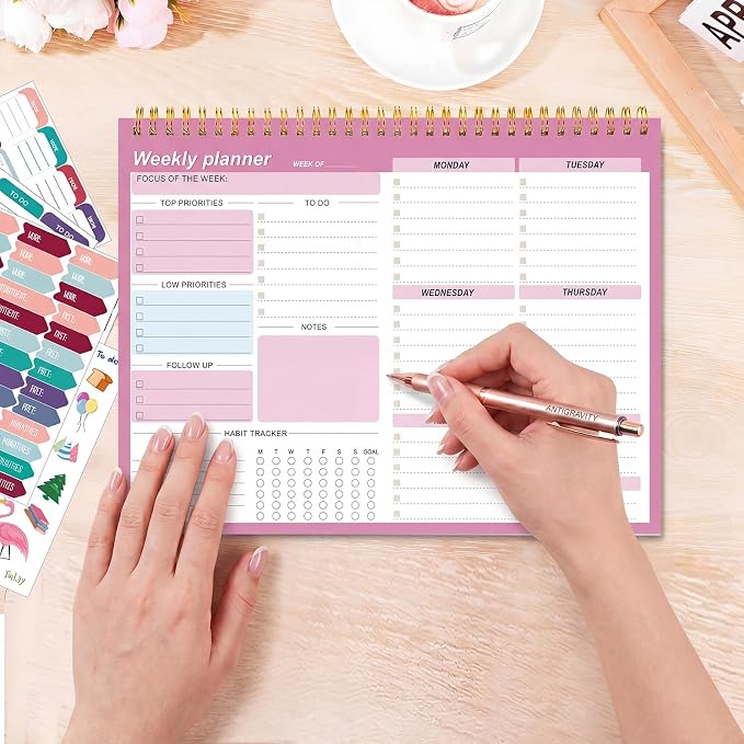 Weekly To Do List Notepad, 8.5''x11'' Weekly Desk Planners with 52 Tear Off Sheets Undated Planner Habit Tracker & Productivity Organizer for Home and Work, Pink
