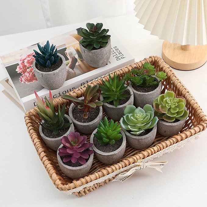 ABAJI Mini 4 Succulents Plants Artificial in Pots Fake Plants for Bedroom Aesthetic Living Room Shelf Bathroom Decor Office Desk Accessories
