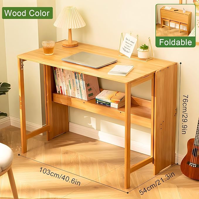 41" Bamboo Folding Desk with Bookshelf, Folding Bamboo Desk for Small Spaces, Computer Table Space Saving, Wooden Desks for Home Bedroom Study Office Bamboos Writing Desks, Primary
