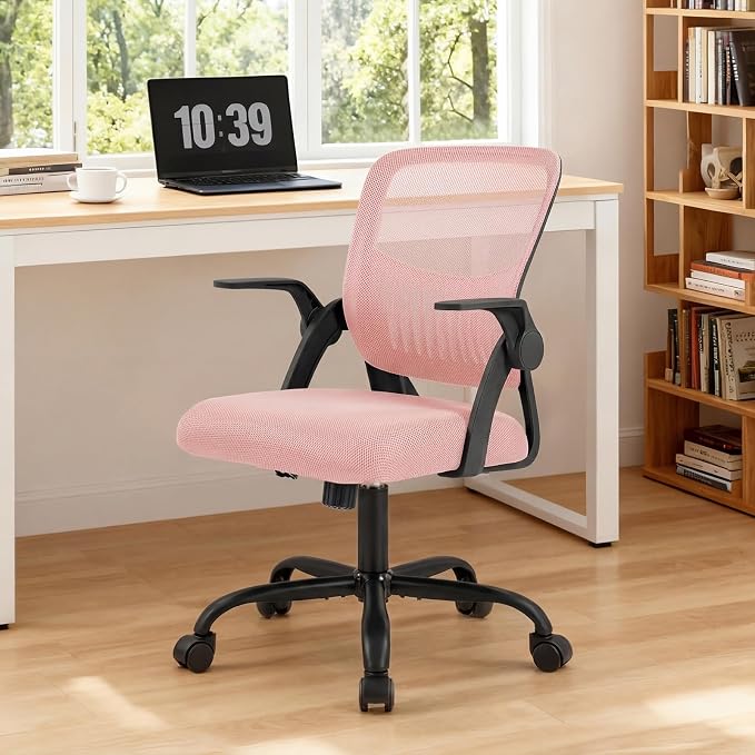 Sweetcrispy Home Office Managerial Executive Chair, Flip Up Armrest Ergonomic Mesh Adjustable Swivel Mid-Back Computer Desk Chair with Comfortable Lumbar Support, Comfy Arms for Bedroom,Blak&Pink