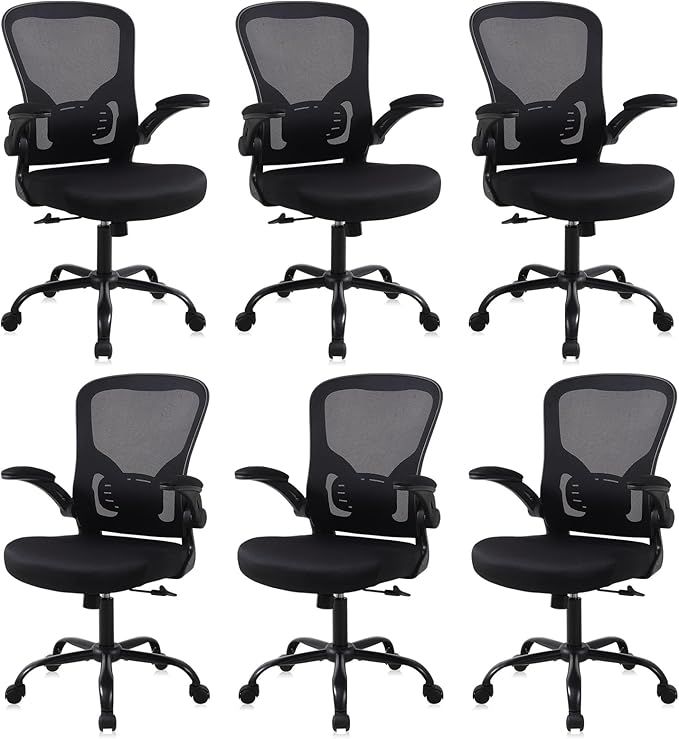 Flysky Mesh Office Chair, Ergonomic Computer Desk Chairs for Home Office - with Comfy/Comfortable Flip-up Arm Rests, Lumbar Support, Height Adjustable, 360 Degree Rolling Swivel (Black, 6 Pack)