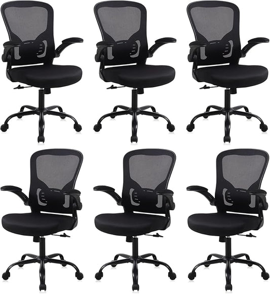 Flysky Mesh Office Chair, Ergonomic Computer Desk Chairs for Home Office - with Comfy/Comfortable Flip-up Arm Rests, Lumbar Support, Height Adjustable, 360 Degree Rolling Swivel (Black, 6 Pack)
