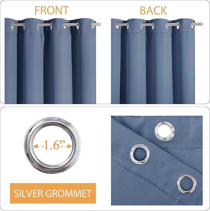 RYB HOME 3-in-1 Soundproof - Blackout - Thermal Insulation Living Room Divider Curtains, Large Bay Window Curtains for Bedroom Theatre Office Backdrop, Stone Blue, W 52 x L 102 inches, 2 Panels